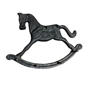 Cast Iron Rocking Horse Vintage Wall Mount 4 Hook Coat Hat Key Hanger 8" x 6"